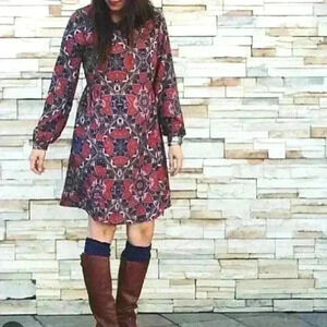 Anthro Everly 60’s Geometric Hippie Boho 3/4 Sleeve Lined Shift Dress Size L